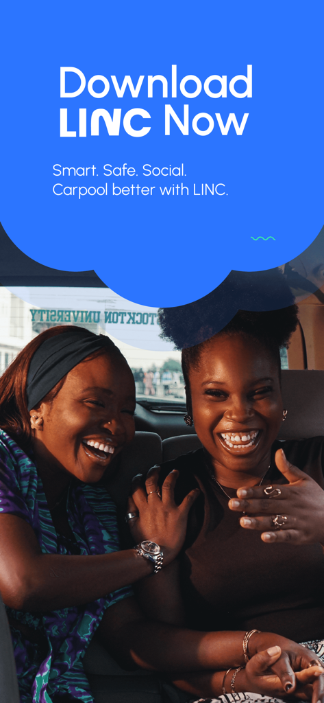 Linc Ride - Deux femmes riant lors d'un covoiturage dans une voiture avec un texte promotionnel de l'application Linc Ride.