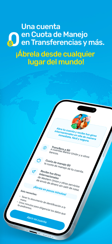 Banco Unión Colombia - Interfaz de la aplicación Banco Unión Colombia mostrando la apertura de cuenta sin comisiones y las funciones de transferencia internacional