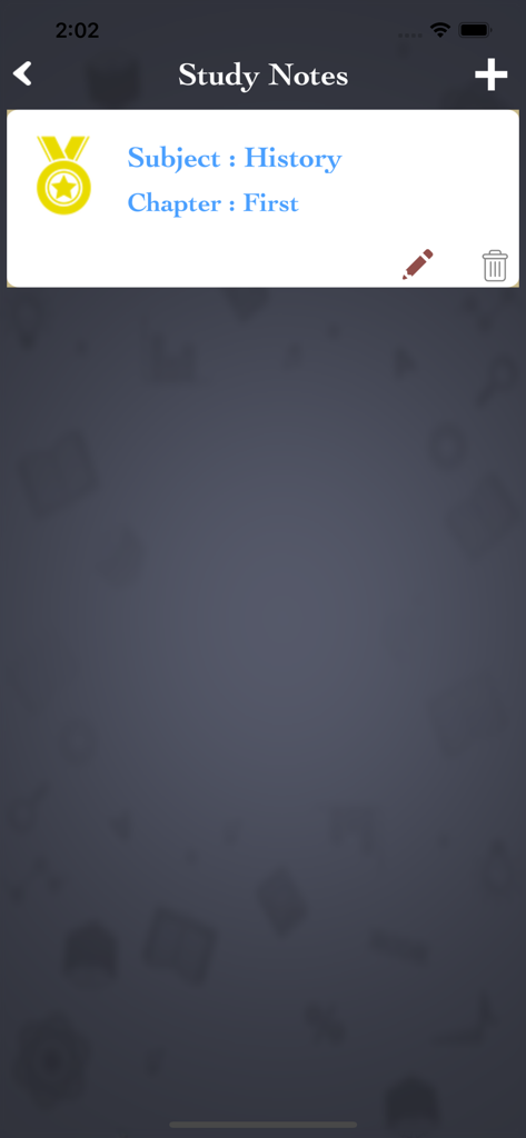 4000+ World General Knowledge - Interfaz de notas de estudio que muestra una entrada de capítulo de historia con opciones de editar y eliminar.