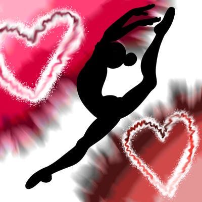 gymnast doing a leap in a leotard with a bent back leg