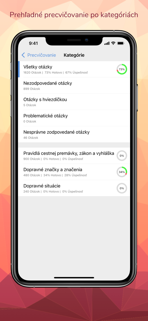 Driving school app screen showing study categories like traffic rules and signs with progress tracking percentages