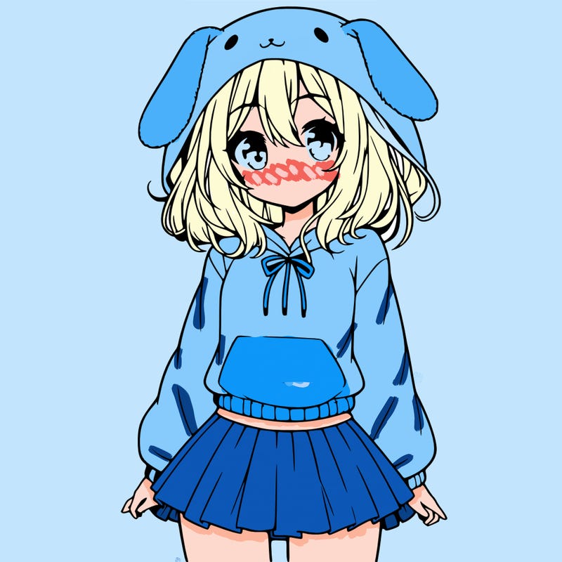 pretty anime girl wearing a fluffy hoodie with bunny ears on the hood and a skirt