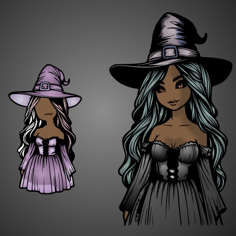 realistic woman with a witch costume and the witch hat is tiny