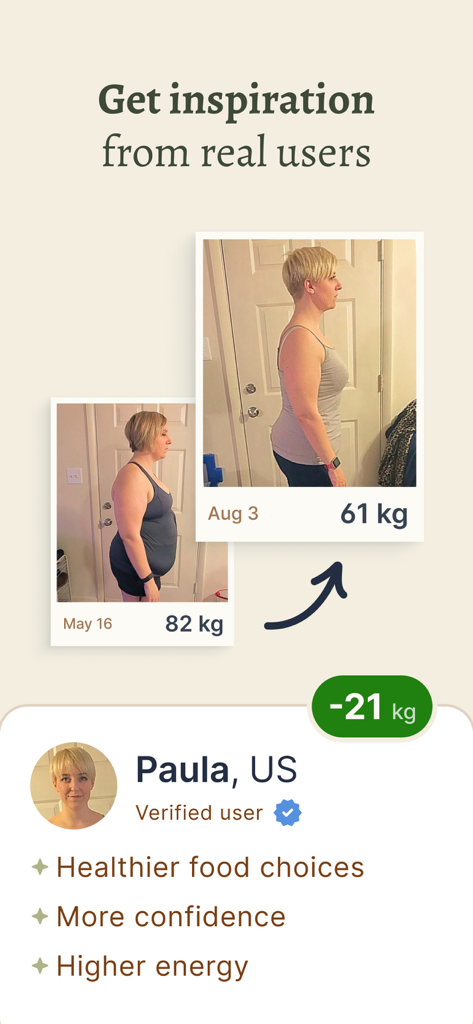 Forme Fasting Timer - Transformation avant et après de perte de poids d'une utilisatrice vérifiée montrant une perte de 21 kg à l'aide de Forme Fasting Timer
