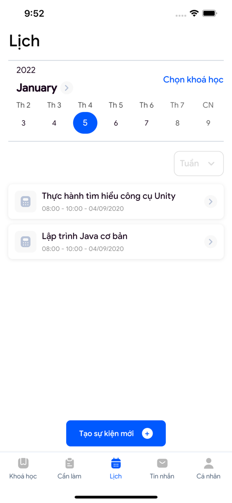 LMS Student - LMS Studentアプリのモバイルインターフェース。月間カレンダーと日ごとのコーススケジュールが表示されています。