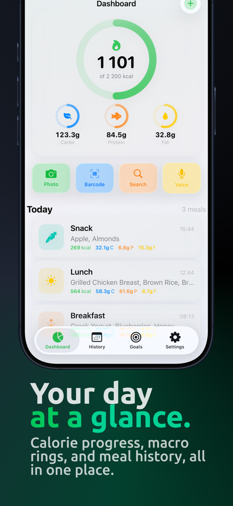 Calometric — Calories Tracker - Panel de la aplicación Calometric que muestra anillos de progreso de calorías y macros, además del historial de comidas diarias