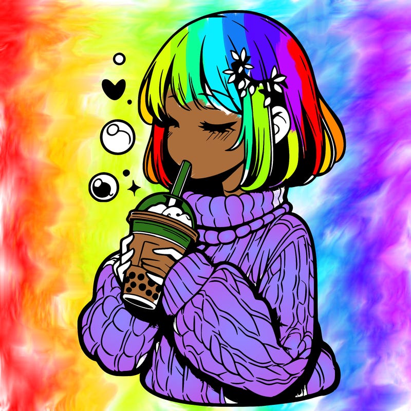 manga girl drinking boba in cozy sweater