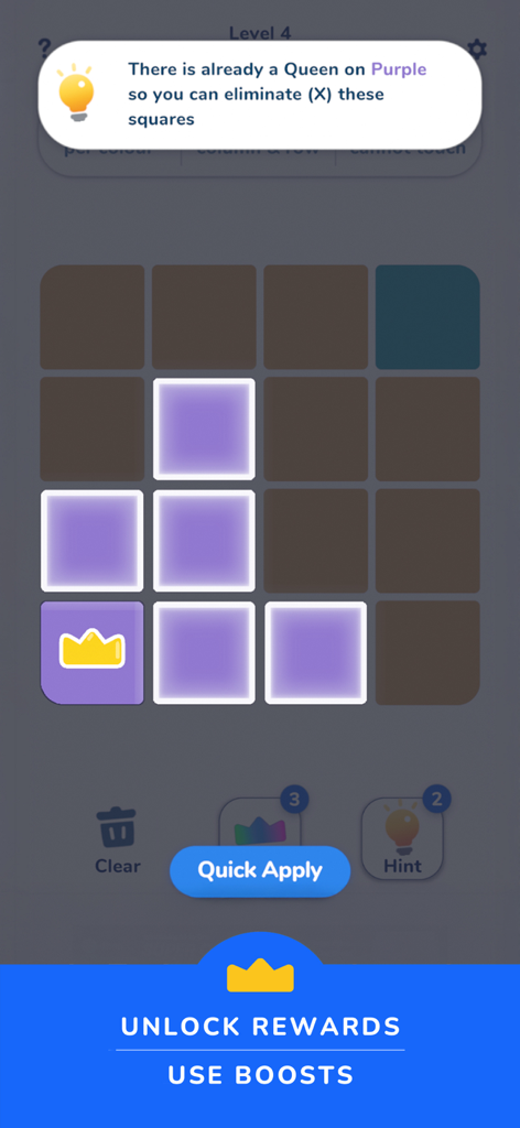 Queens Master: Sudoku Puzzle - Queens Master의 게임 플레이 스크린샷으로, 색상 그리드 영역에 퀸을 배치하는 논리 힌트 표시