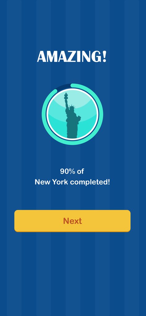 Wordful app screenshot showing ninety percent completion of the New York level with a Statue of Liberty icon