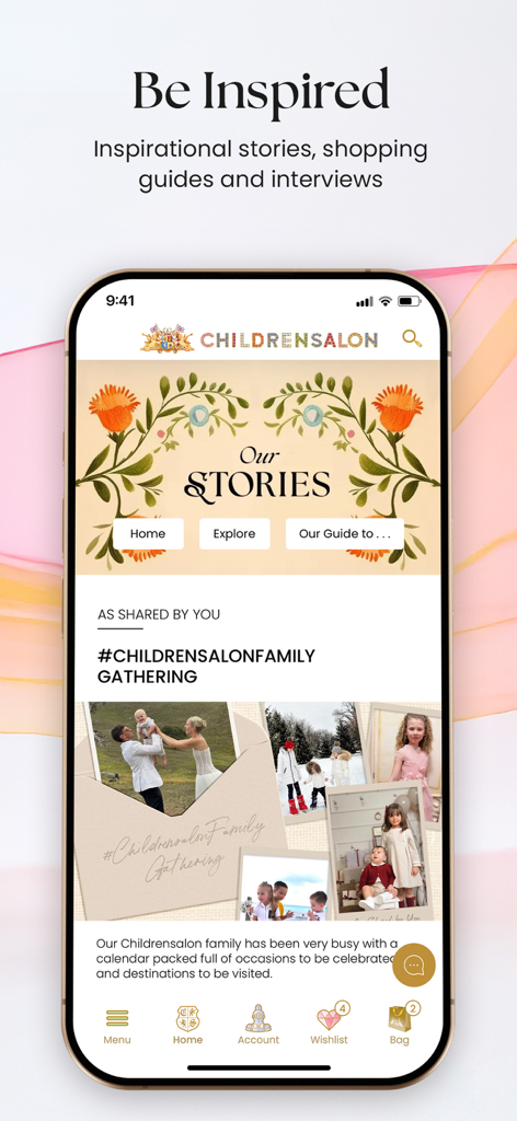 Childrensalon - The Childrensalon app interface displaying editorial stories and community family gathering inspiration.