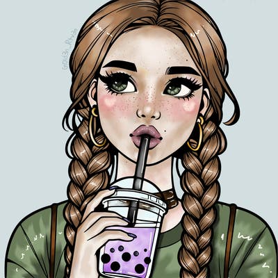 realistic girl with braided hair drinking boba