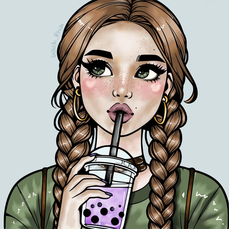 realistic girl with braided hair drinking boba