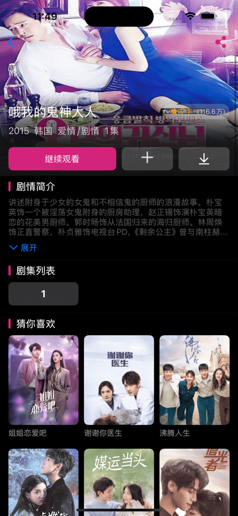 追韩剧TV - 热门韩剧视频大全 - App interface showing the details of a Korean drama with a plot summary and recommendations.