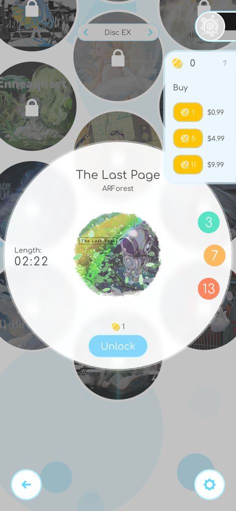 Rizline - Songauswahl- und Freischalt-Oberfläche für das Rhythmusspiel Rizline, die einen Musiktitel und Kaufoptionen mit Münzen zeigt.