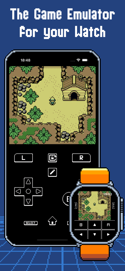 Aplicación ArcEmu ejecutando un juego de aventuras retro en iPhone y Apple Watch Ultra con controles en pantalla