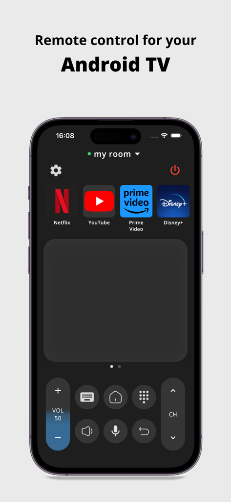 Interfaz de la aplicación Mando para Android TV en un iPhone con panel táctil e iconos de lanzamiento rápido
