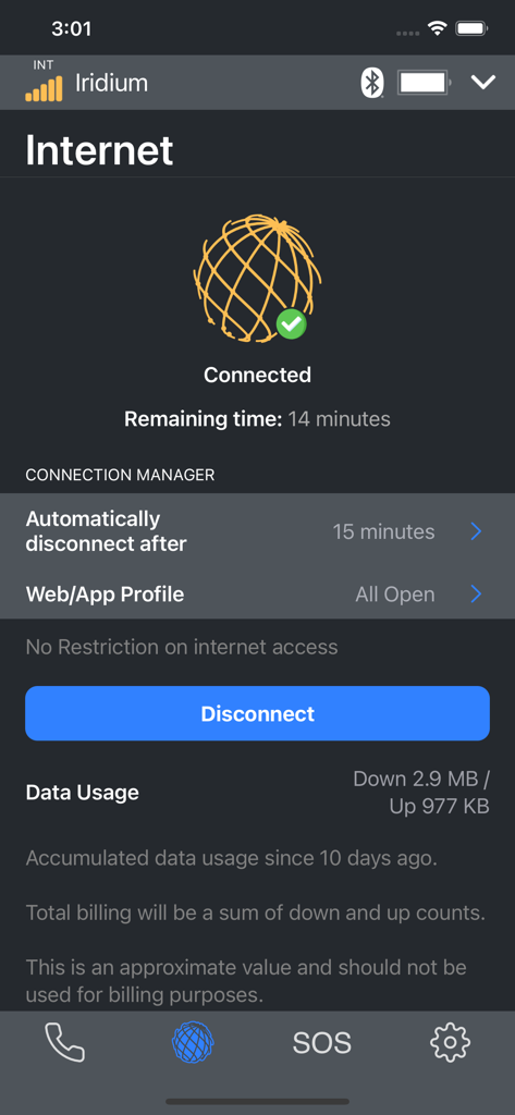 Iridium GO! exec - Iridium GO! exec app interface displaying internet connection status and data usage monitoring