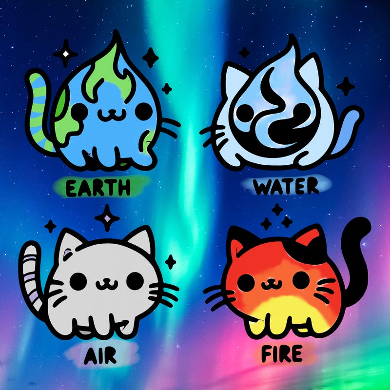 4 cats that represent the different elements, earth, water, air, and fire