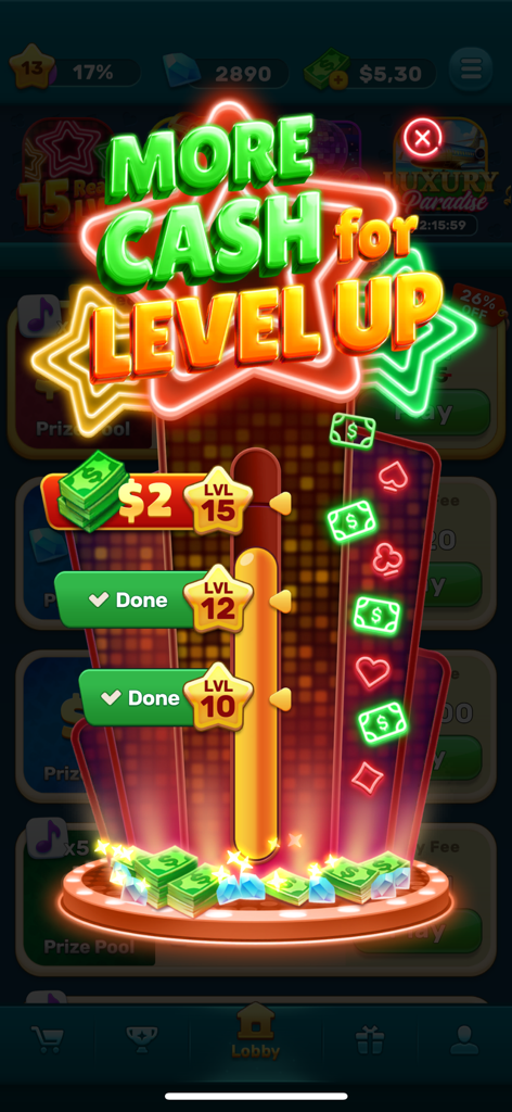 EasyWin: Solitaire & Real cash - Tela de recompensa de nível no EasyWin Solitaire mostrando bônus em dinheiro real por atingir marcos do jogo.