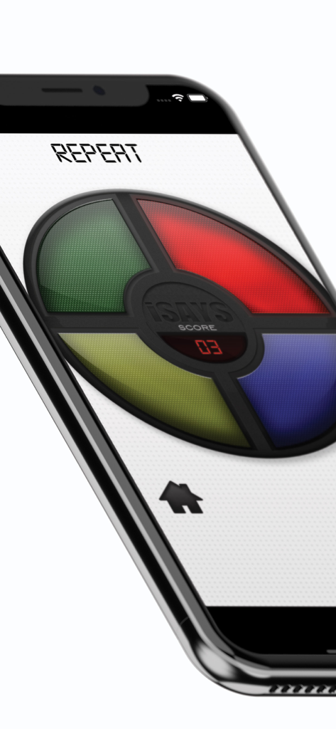 iSays Memory Game screen with four colorful buttons and score counter on a smartphone