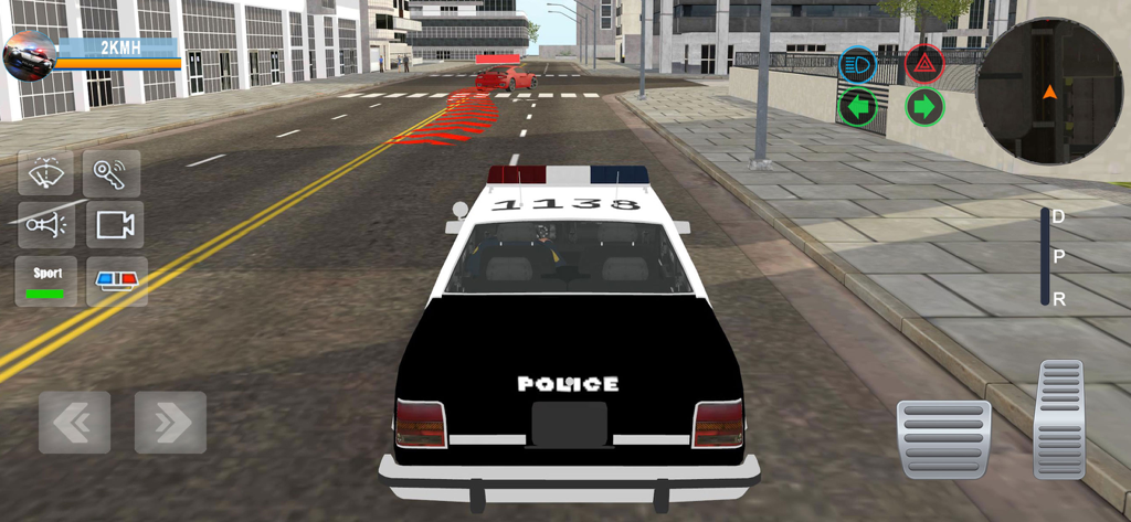 Police Simulator: City Crime - A police car driving on a city street in a 3D simulation game with on-screen controls.