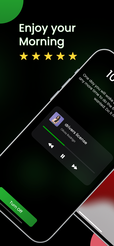 Alarmfyアプリの画面。モチベーションを高める引用とオリヴィア・ロドリゴの曲が表示された音楽アラームがiPhoneに表示されています。