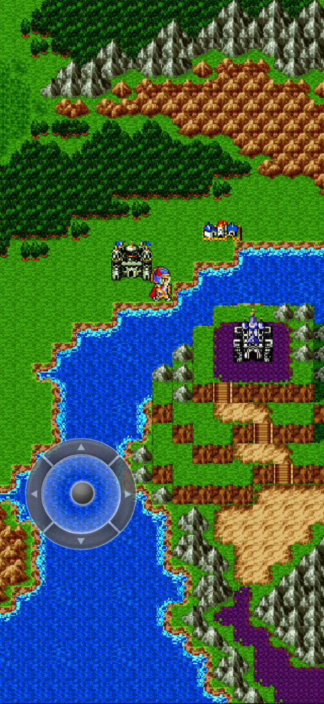 Jugabilidad clásica del mapa del mundo de Dragon Quest en móvil con gráficos retro