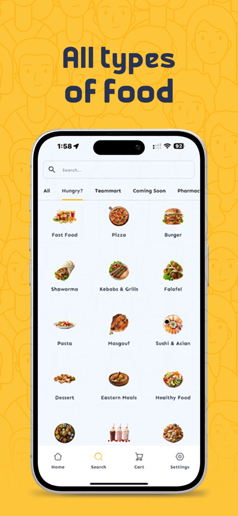 TipTop تيب توب - TipTop food delivery app interface showing a variety of cuisine categories like Pizza Burger and Shawarma