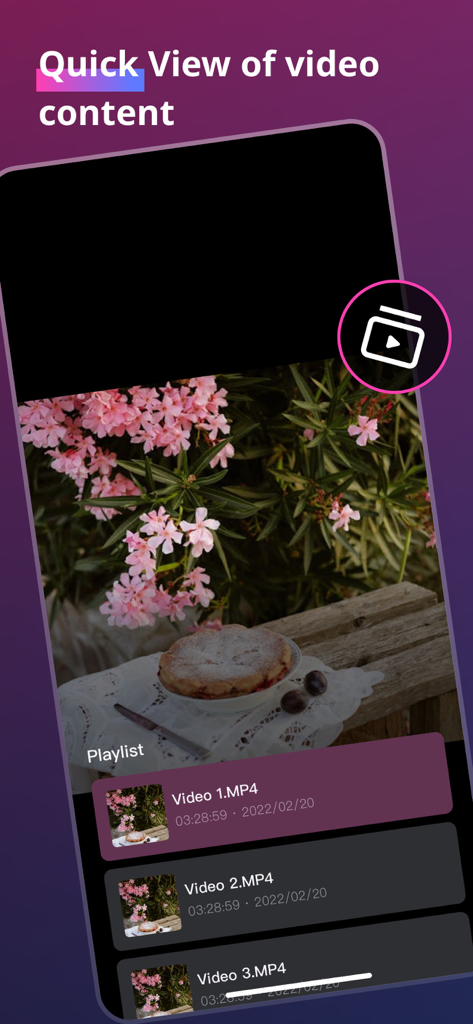 Oberfläche der Verto-App mit einer Videowiedergabeliste mit Dateinamen und Miniaturansichten unter einem Videoplayer