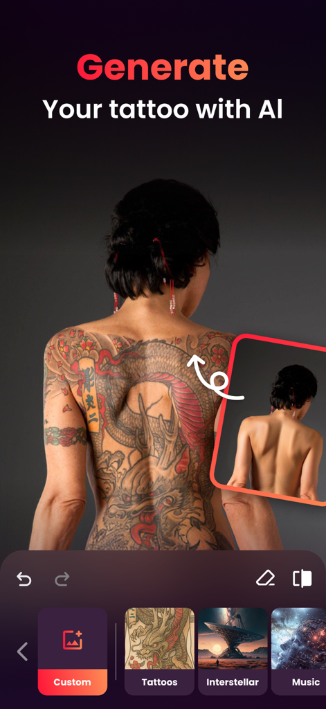 AI tattoo generator feature in the PhotoX app showing a dragon tattoo applied to a photo of a womans back