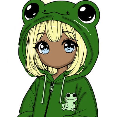 cute realistic girl in a froggy hoodie