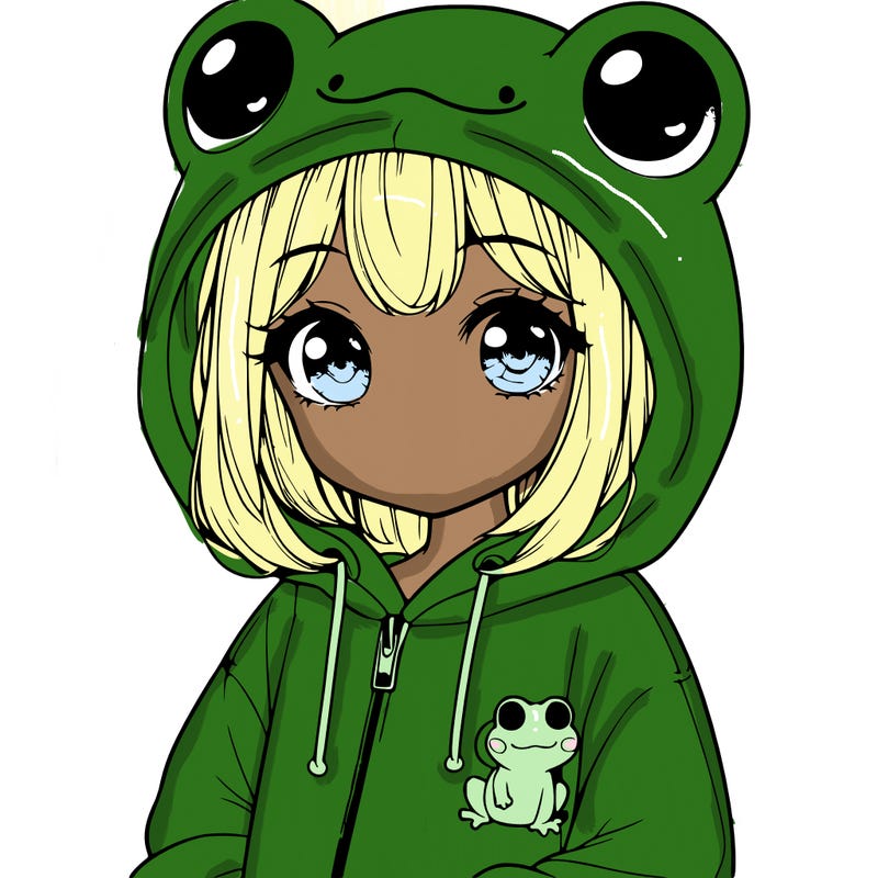 cute realistic girl in a froggy hoodie