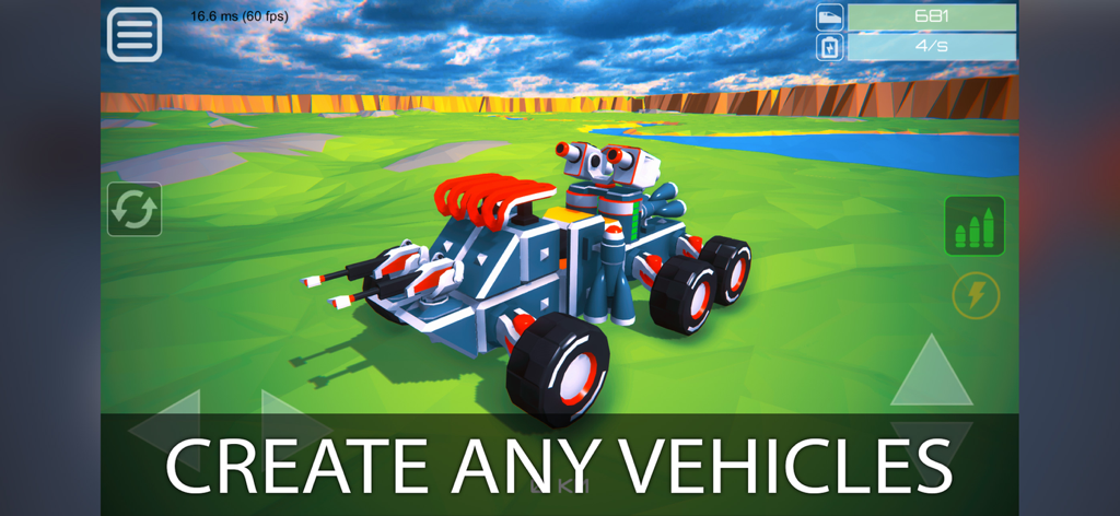 A custom-built block combat vehicle with multiple turrets in a green field with the text Create Any Vehicles.