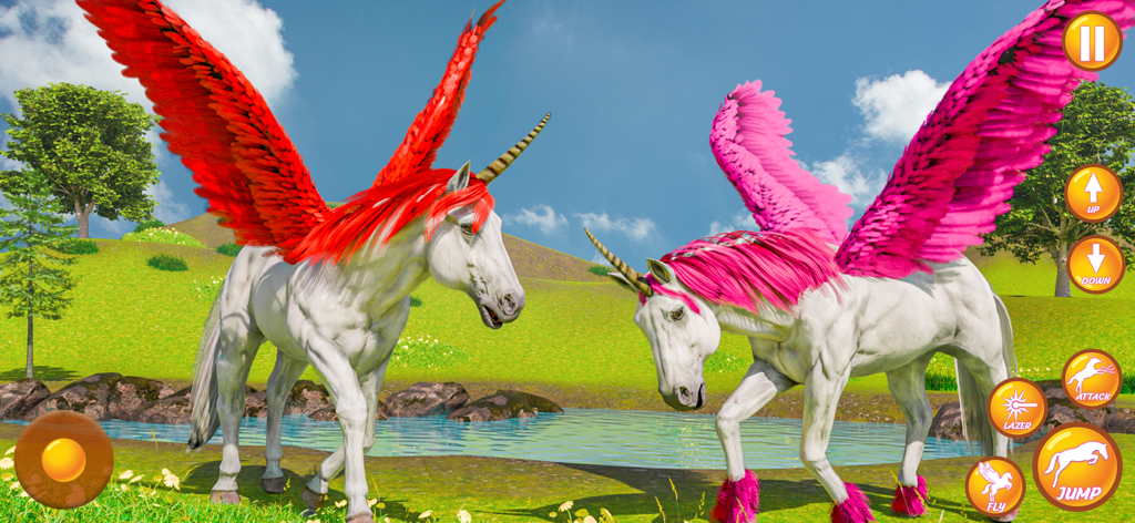 Magic Horse Unicorn Sim - Dos unicornios mágicos con grandes alas coloridas en un entorno de mundo abierto con hierba.