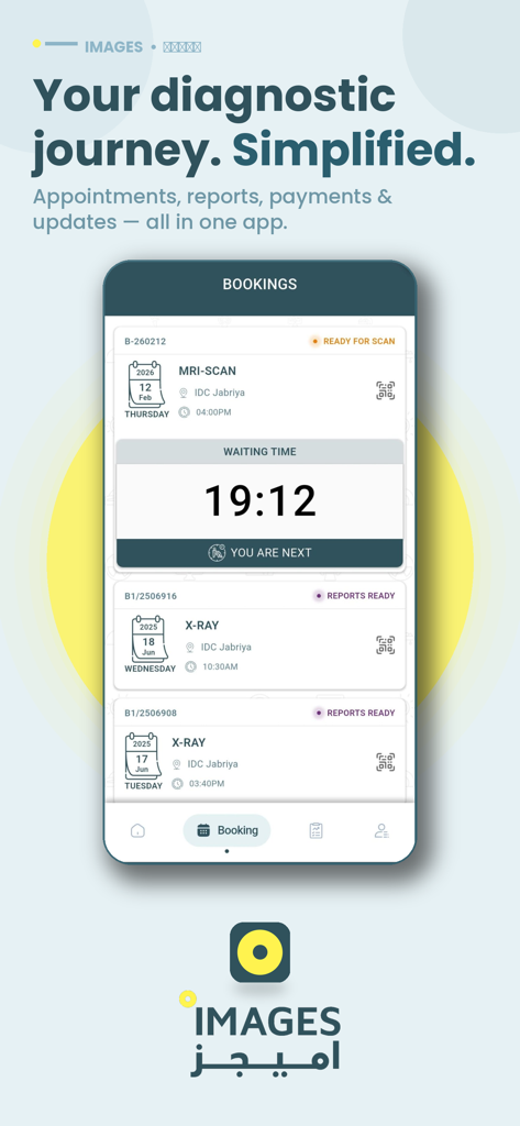 My ImagesDC - Captura de pantalla de la aplicación My ImagesDC que muestra reservas de escaneos médicos y una cuenta atrás del tiempo de espera en vivo