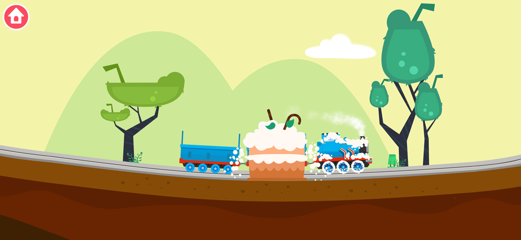 Un train de dessin animé bleu couvert de bulles transportant un cupcake géant à travers un paysage verdoyant.