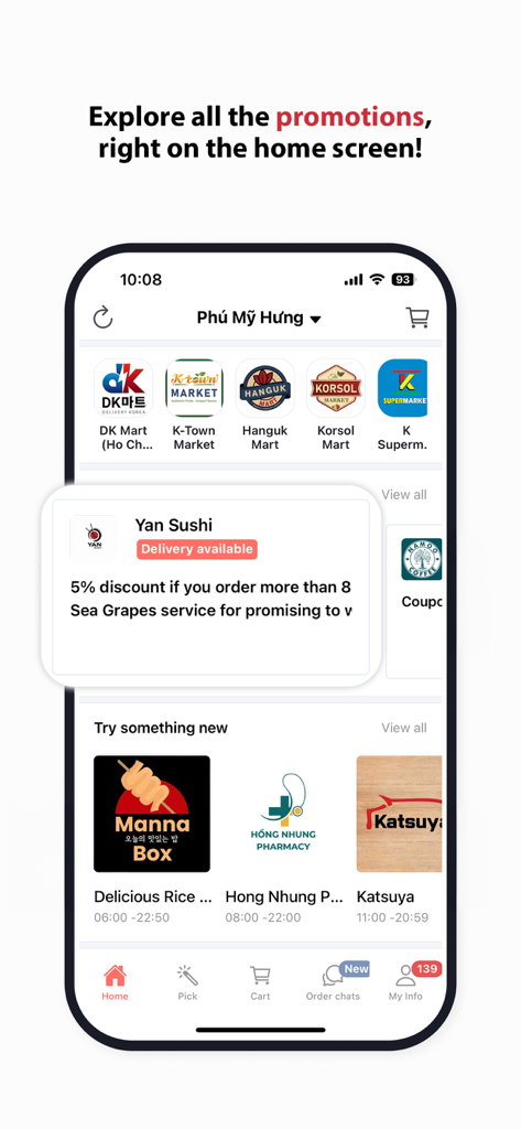 DELIVERY K - Tela inicial do aplicativo Delivery K mostrando promoções de restaurantes, categorias de alimentos e opções de lojas locais no Sudeste Asiático.