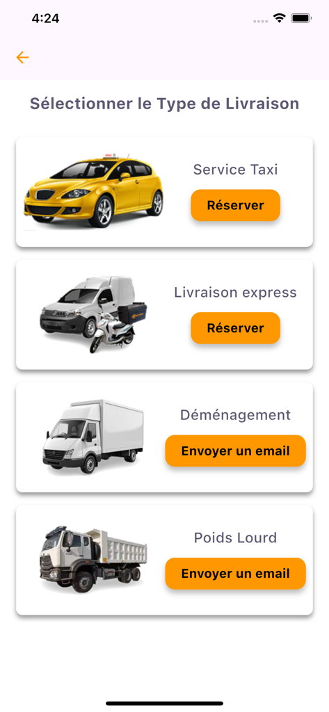 DayTruck 앱에서 택시, 특급 배달, 이사와 같은 운송 서비스 선택 화면