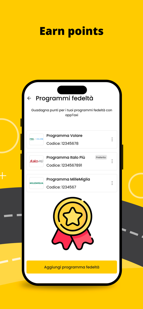 appTaxi - Book and Pay Taxis - appTaxi App-Oberfläche mit Integrationen des Treueprogramms zum Sammeln von Punkten für Programme wie Volare und MilleMiglia