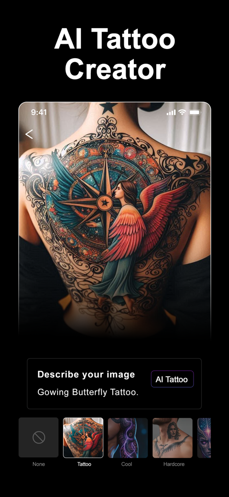 Vidmor-AI Video Generator - Interfaz de la aplicación móvil Vidmor AI Video Generator que muestra la herramienta AI Tattoo Creator con un ejemplo de tatuaje en la espalda de una brújula y un ángel