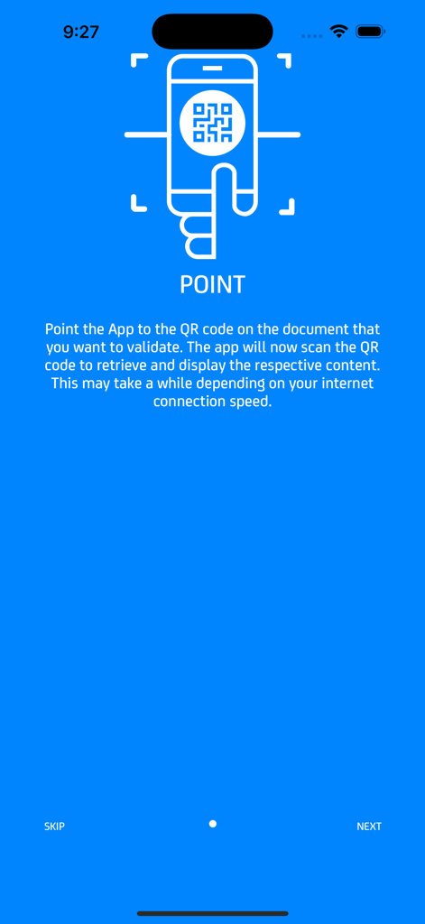 eValidator - An instructional screen from the eValidator app showing how to point a mobile device at a QR code for document verification