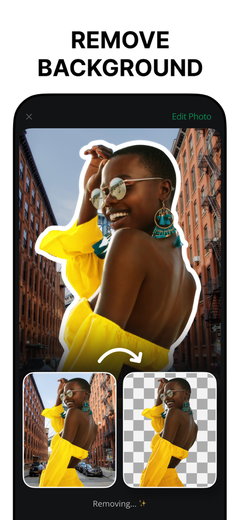 Background Eraser, AI - AppCut - Interface of AppCut app demonstrating the AI background eraser feature on a portrait photo