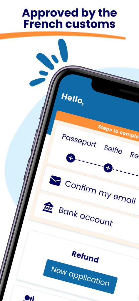 SkipTax mobile app interface showing account setup steps for French tax refunds including passport and bank details.