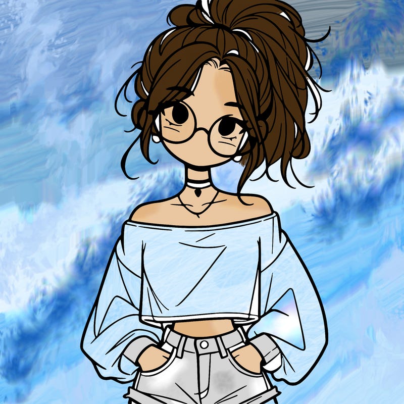 girl with a messy ponytail glasses a baggy crop top and jean shorts