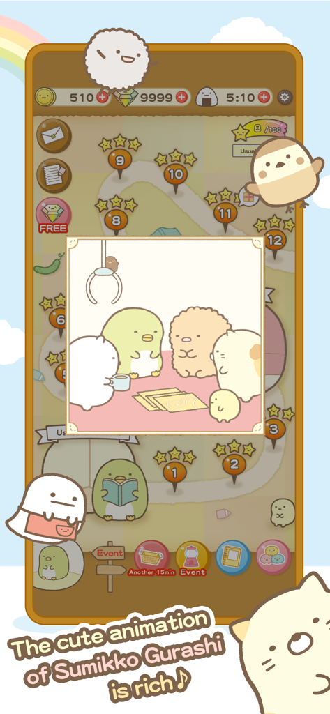 Sumikkogurashi-Puzzling Ways - Mapa de niveles de Sumikkogurashi Puzzling Ways con personajes y animaciones adorables