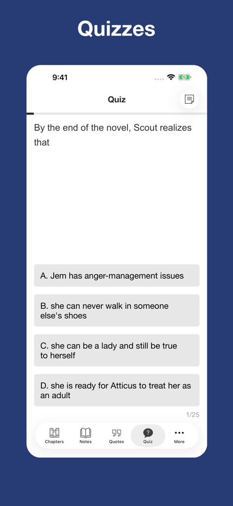 To Kill a Mockingbird - notes - A multiple choice quiz question about Scout in the To Kill a Mockingbird app