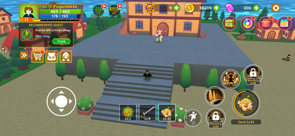 Pirate Devil - Gameplay screenshot of Pirate Devil showing a 3D pirate village and character interface