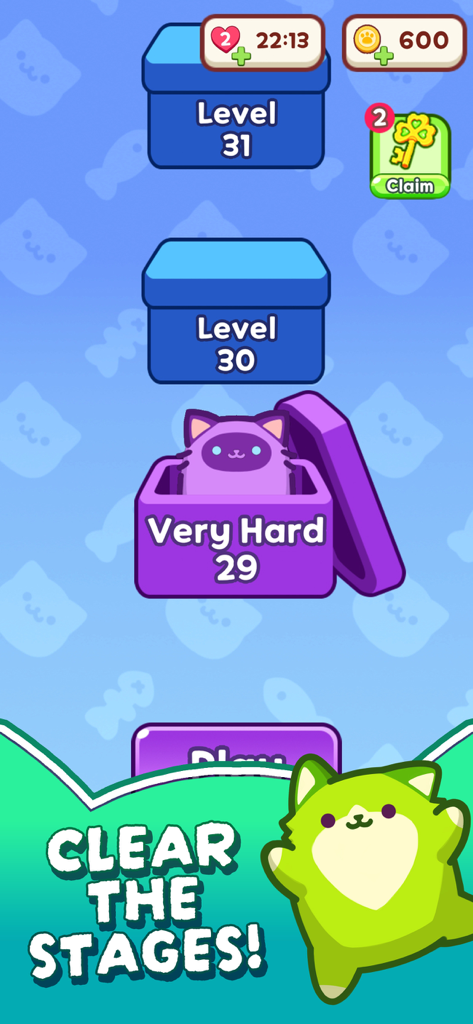 Cat Escape! - Pantalla de progresión de nivel de Cat Escape que muestra un gato morado en una caja de nivel muy difícil y un personaje de gato verde