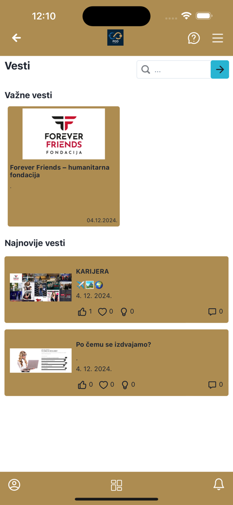 FCO Connect mobile app showing the news feed with corporate updates and important announcements.