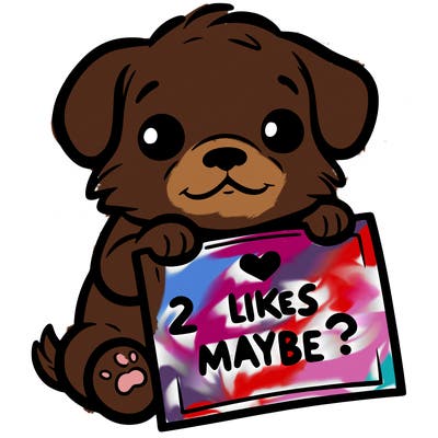 a puppy holding a sign that says 2 likes maybe?